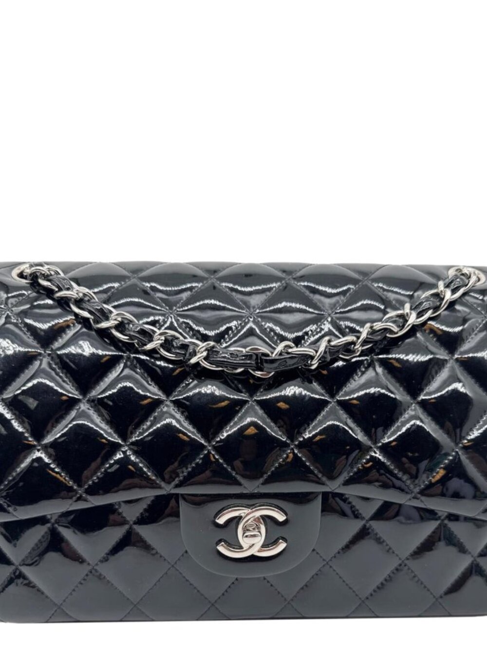 Chanel Classic Double Flap Quilted Patent Leather Shoulder Bag Black